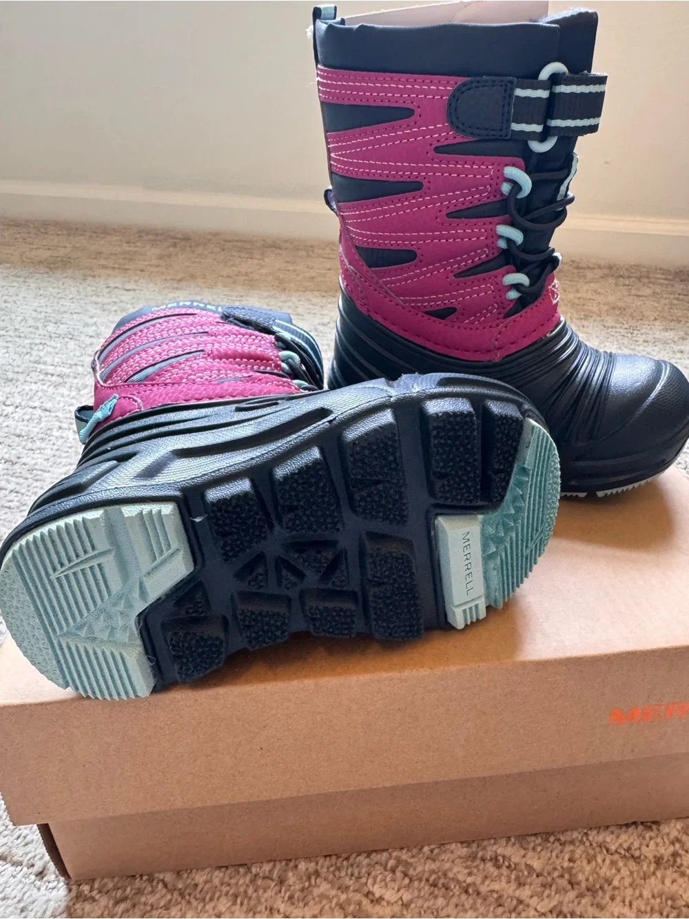 Merrell Kids Black and Pink Insulated Snow Boots with Hook-and-Loop Strap